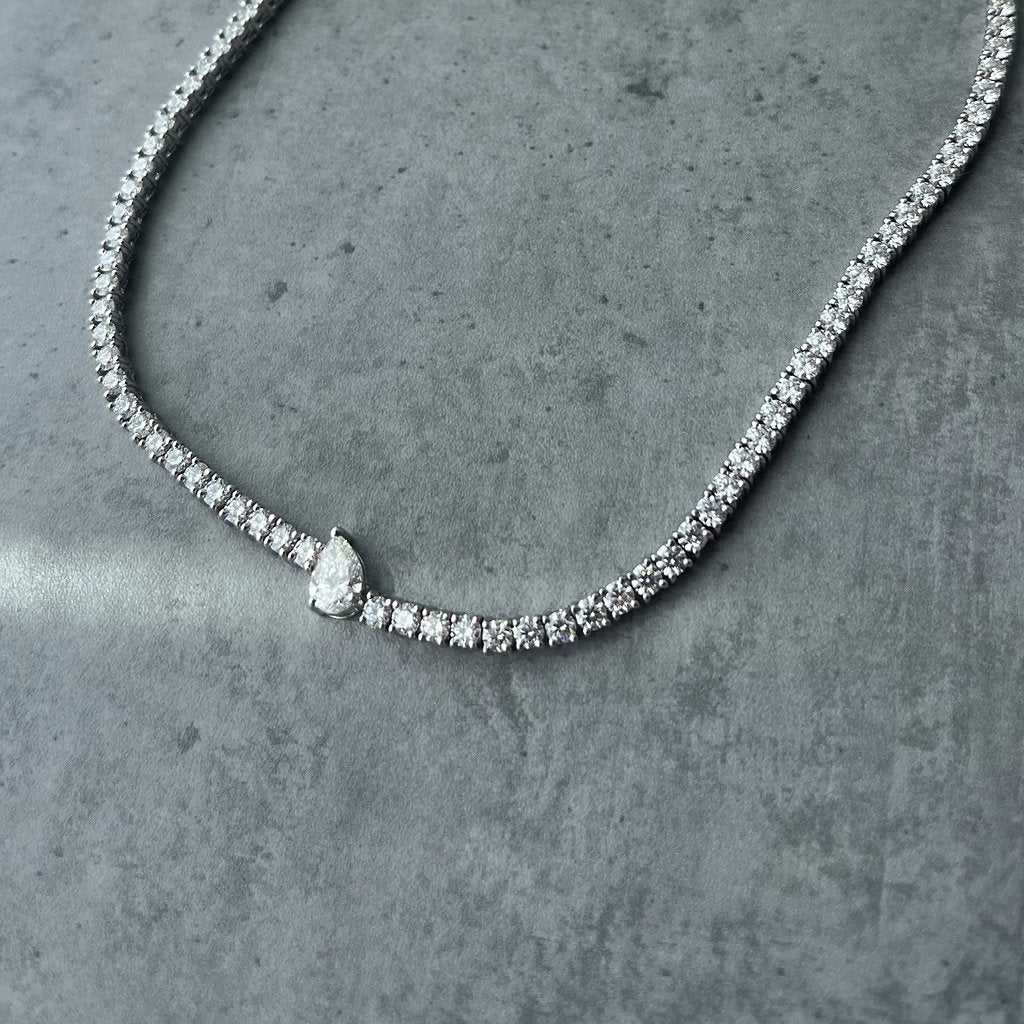 Diamond Tennis Necklace with Center Pear Diamond - HIBA JABER