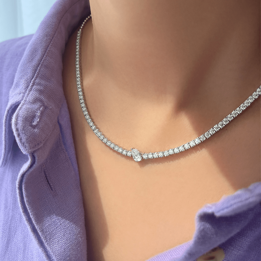 Diamond Tennis Necklace with Center Pear Diamond - HIBA JABER