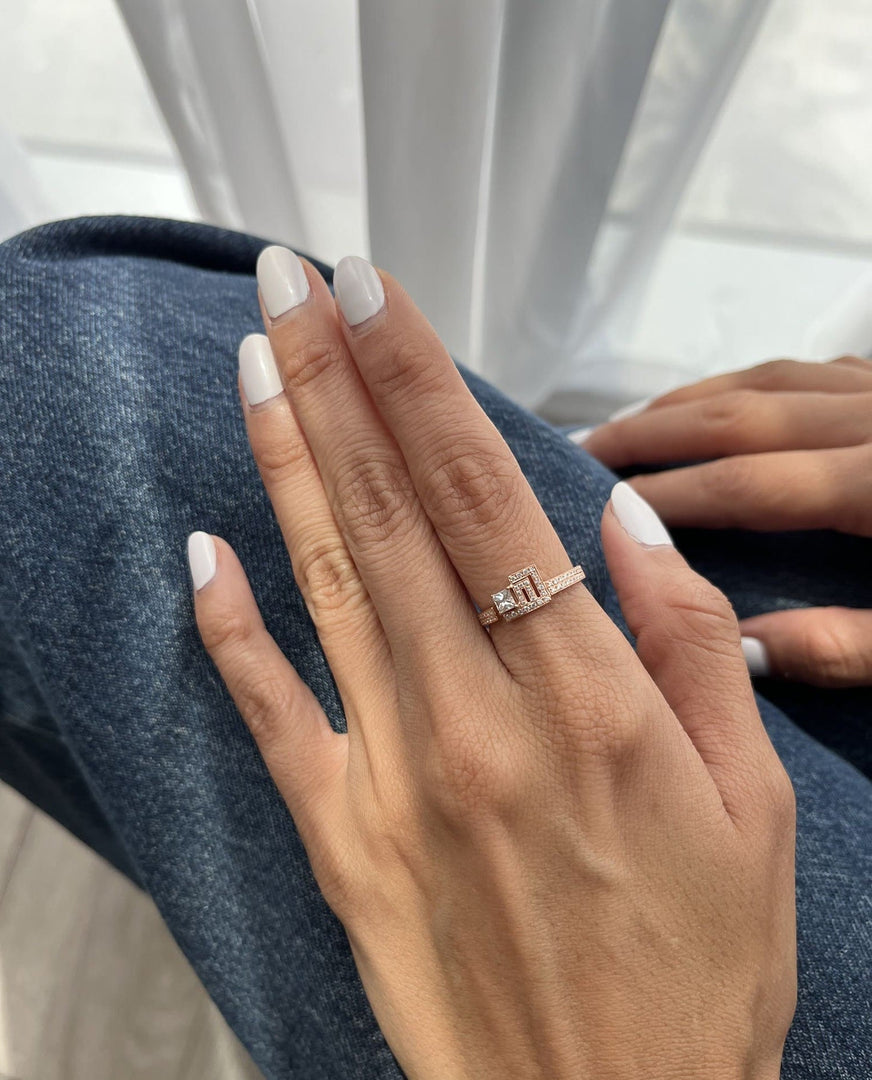 Initial Thick Open Ring - With Princess Cut Diamond - HIBA JABER