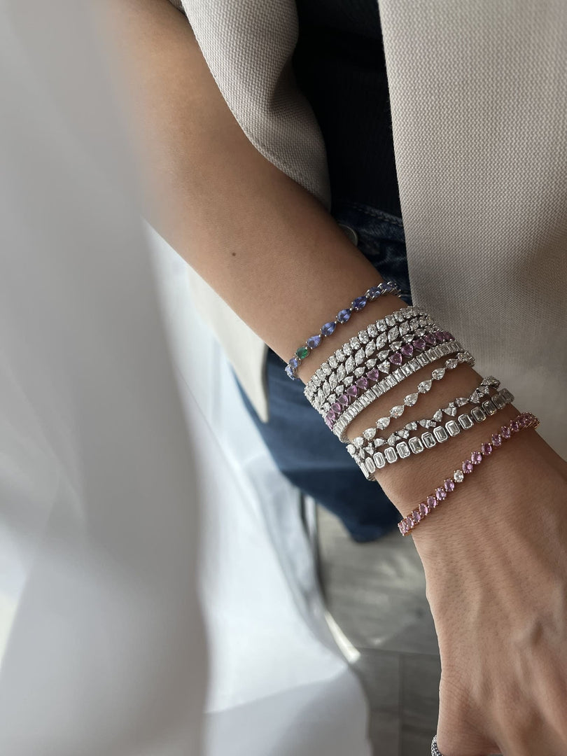 Diamond Sideway Emerald Setting Diamond Tennis Bracelet 0.20ct Each - HIBA JABER