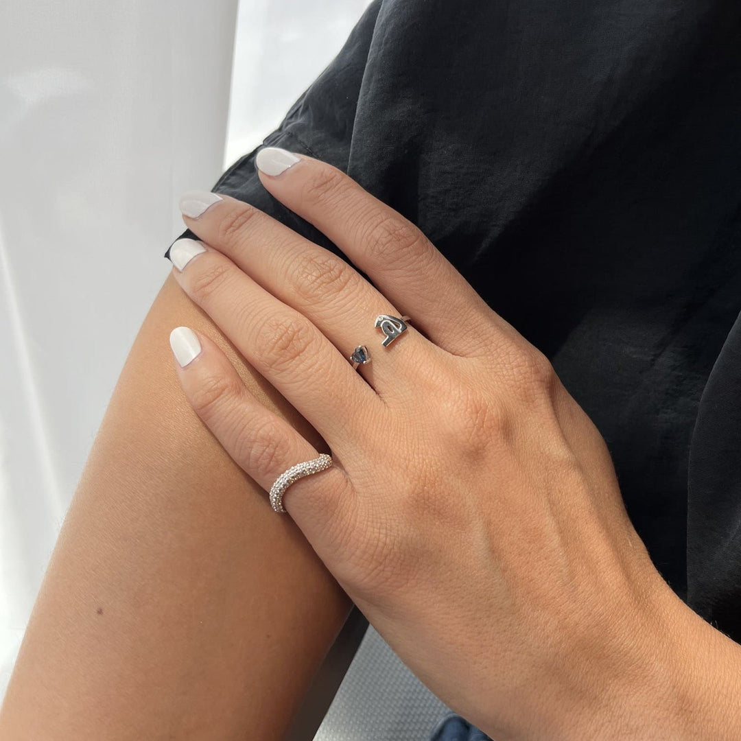 Plain Initial Open Ring with a Sapphire Heart - HIBA JABER